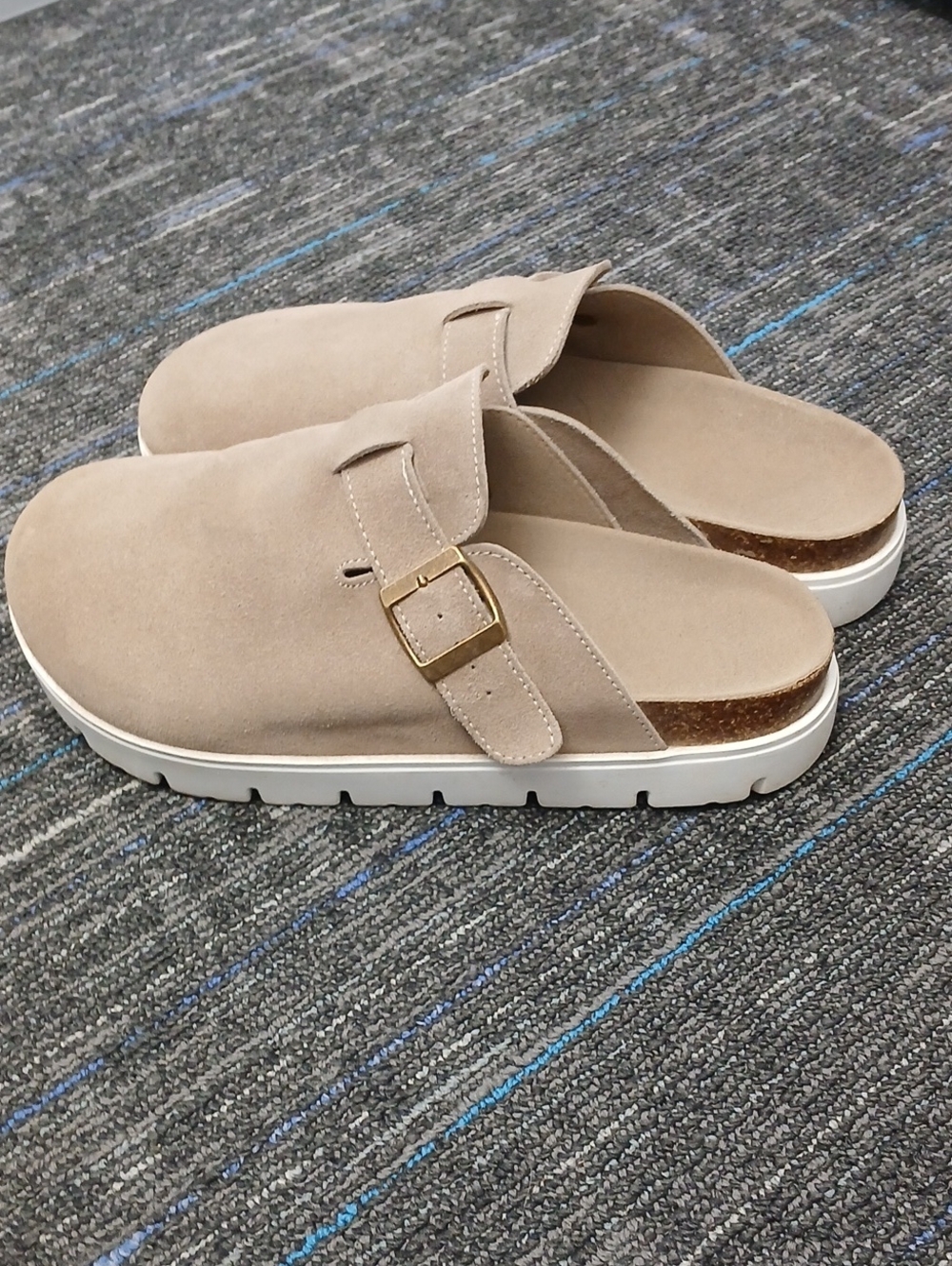 Women’s Suede Slip-On Clog Mule in Taupe with Buckle